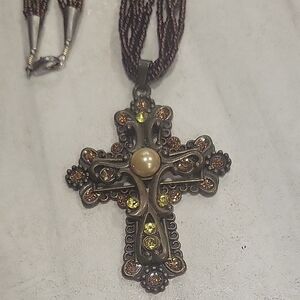 Elegant Brown and Gold Cross Pendant Necklace - Vintage